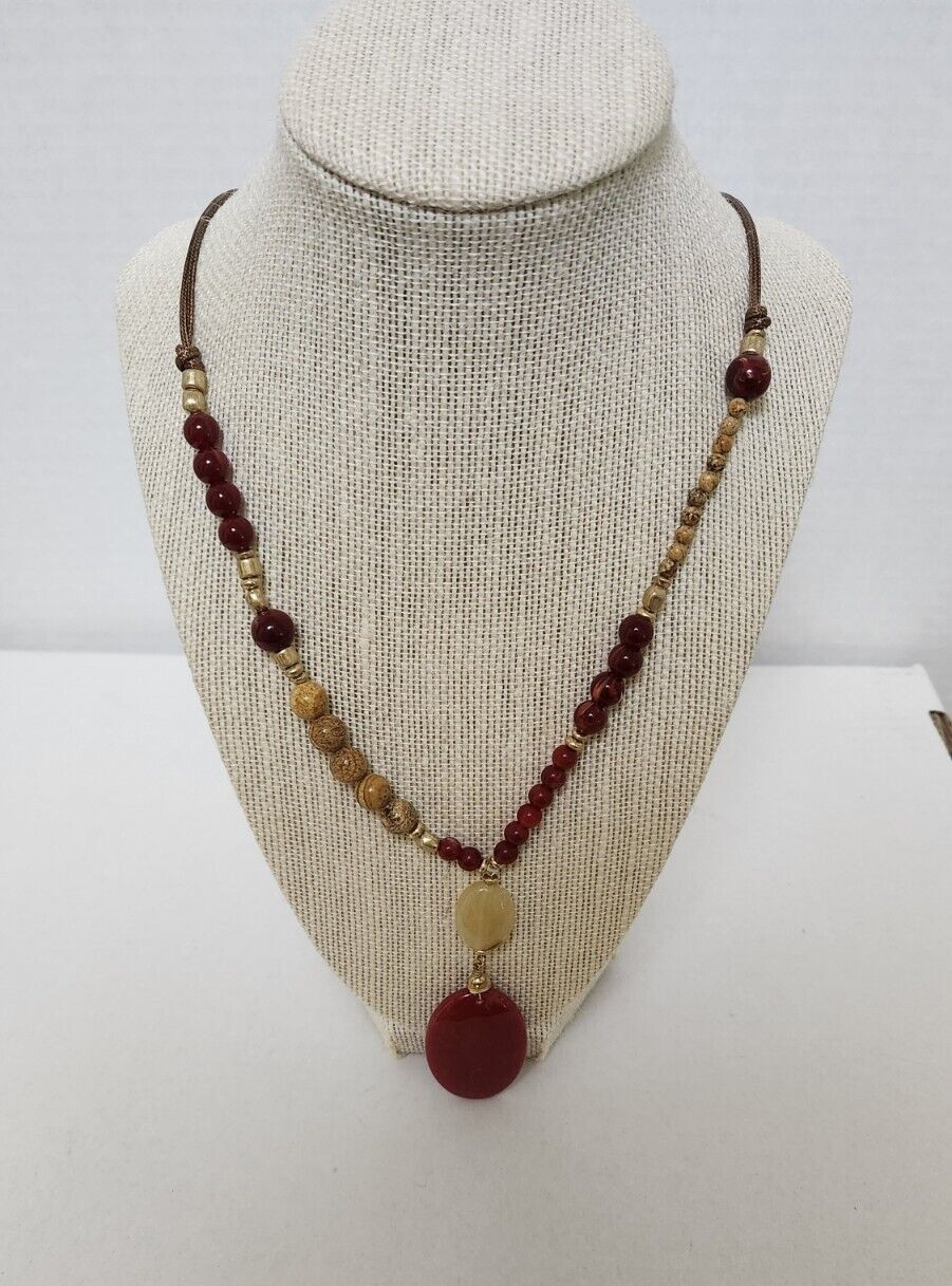 Ashley Cooper Multi Strand String Beaded Necklace with Semi-Precious Stone Red