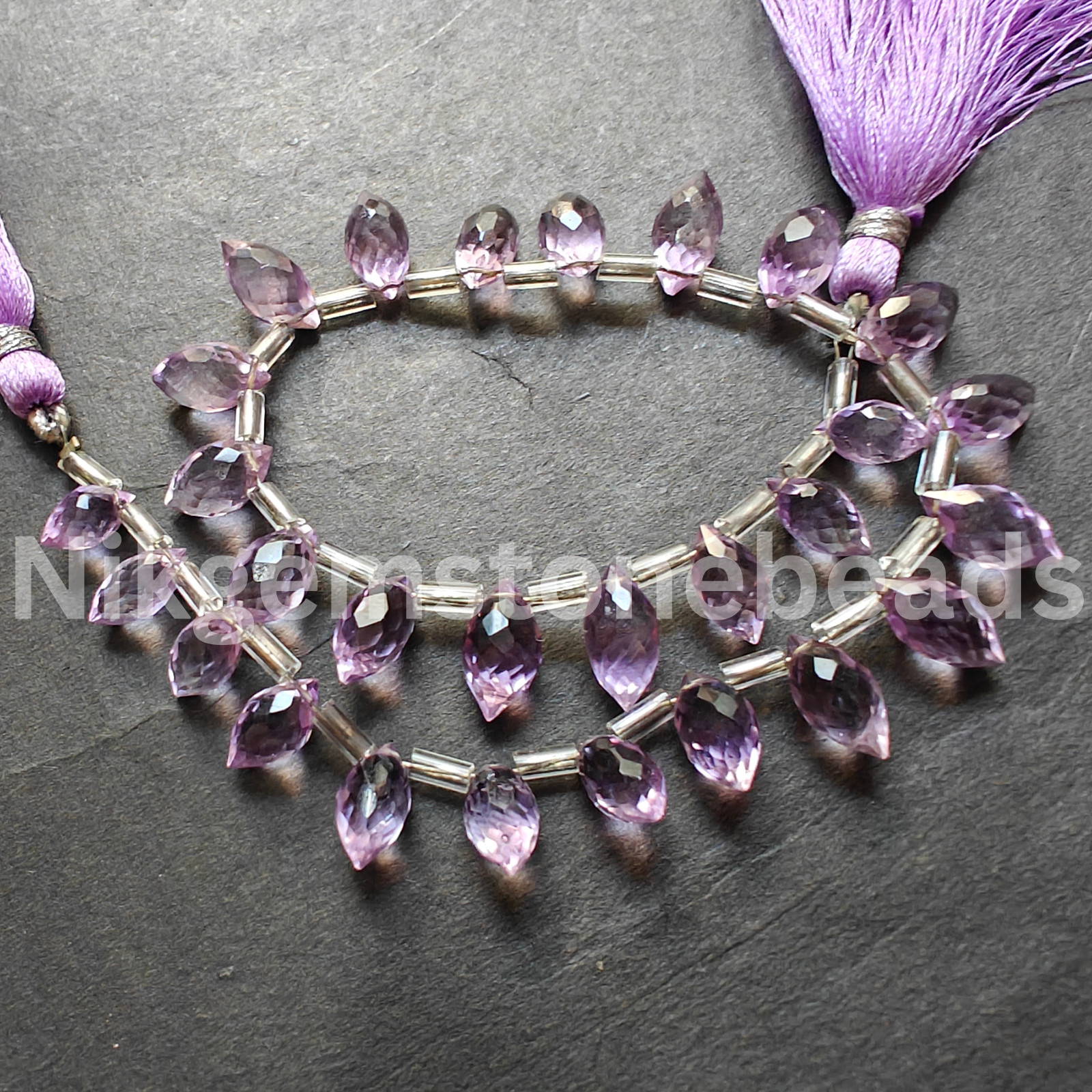 Natural Pink Amethyst Beads, Briolette Faceted Marquise Cut Gems, 8.50-11.00 MM.
