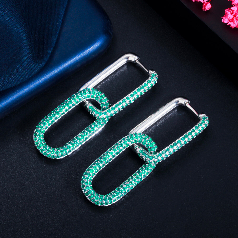 Gold Plated Mix Multicolor CZ Bridal Dangle Drop Rectangle Charm Hoop Earrings