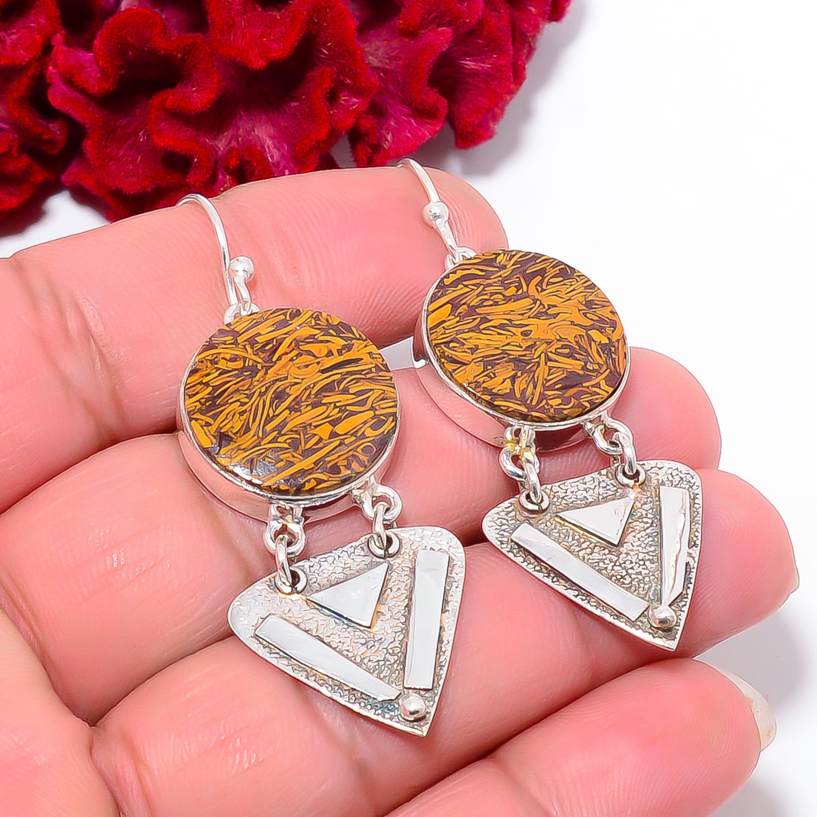 Natural Mariam Jasper Designer Handmade 925 Sterling Silver Earring 2.18″ E11093
