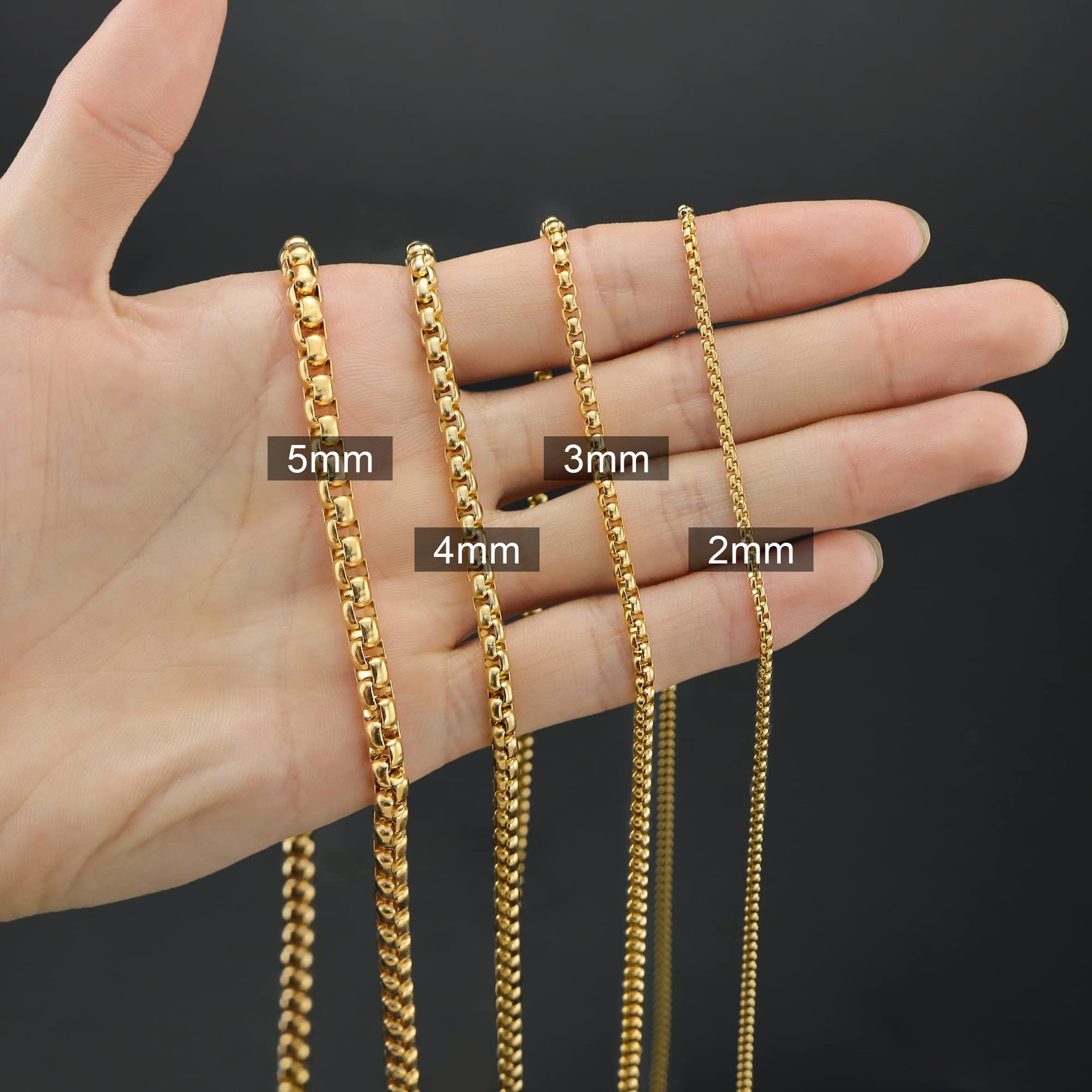 5 MM 18K Real Gold Plated Square Rolo Chain Stainless Steel Round Box Chain N…