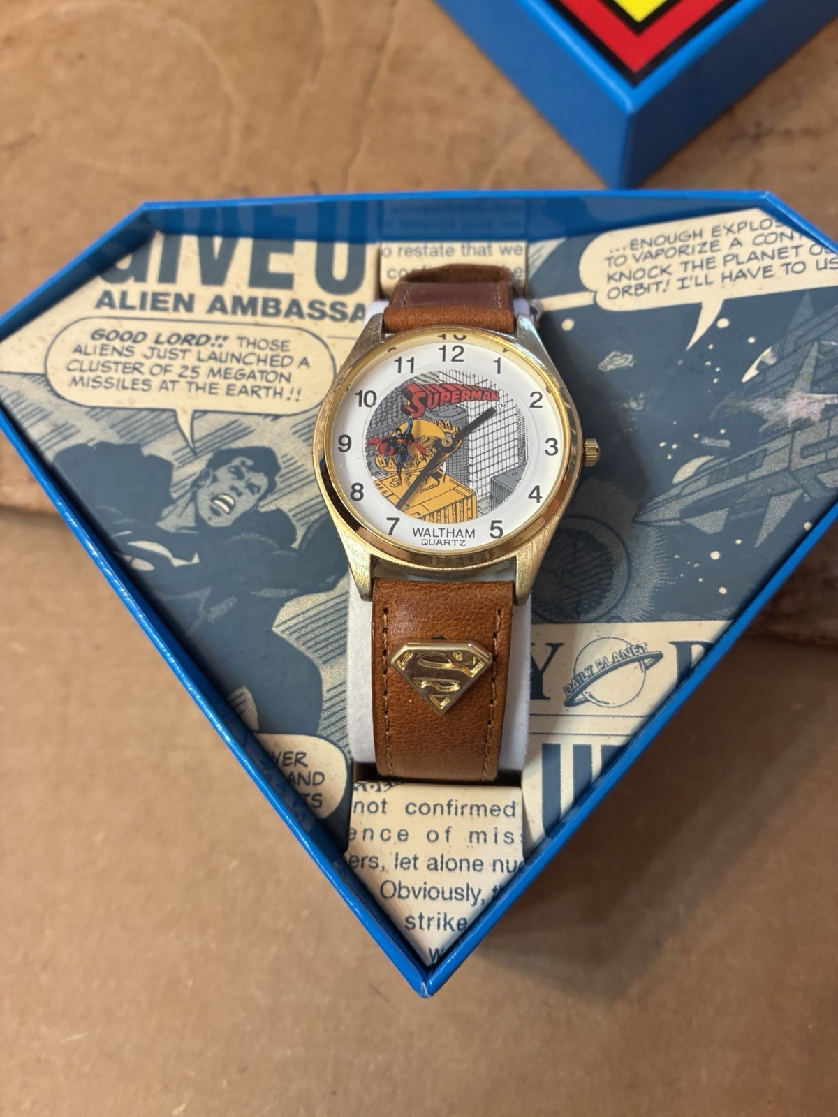 Waltham Superman Quartz Analog Watch Gold Tone Case BROWN Leather Strap Box NIB