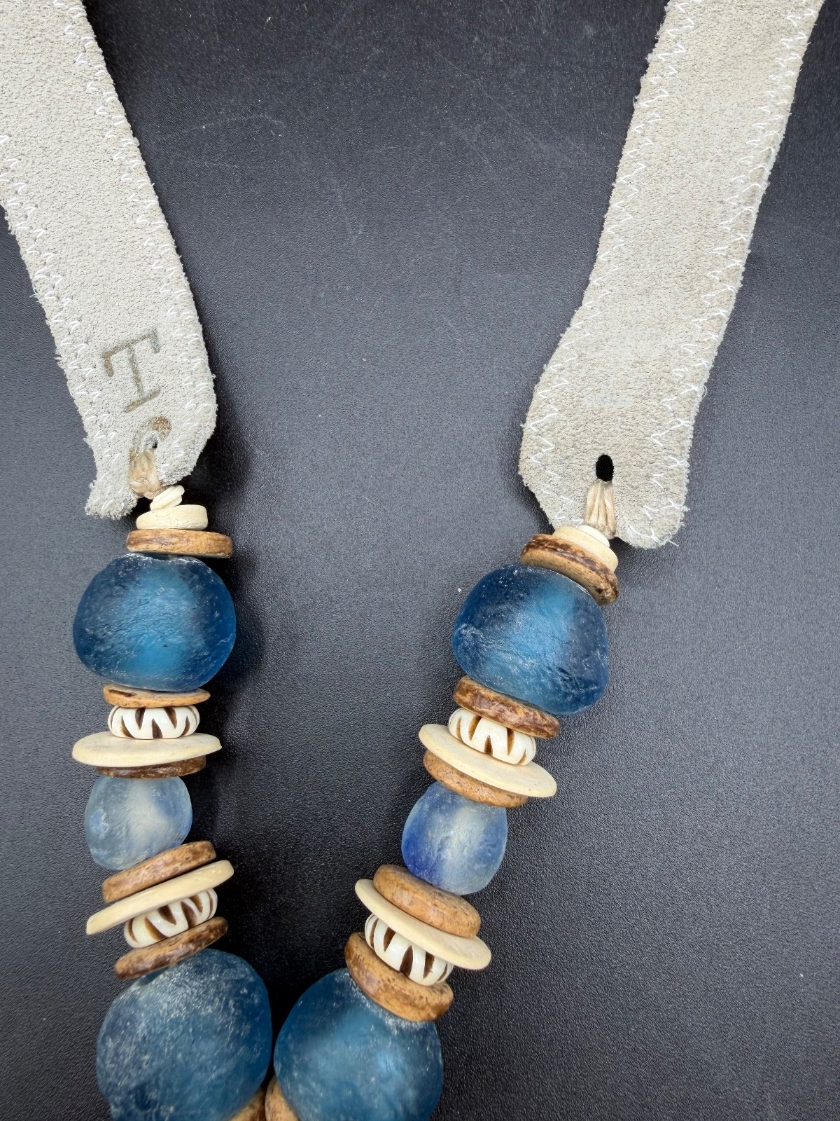Twine & Twig Large Cone Shell & Blue African Glass Bead Suede Statement Necklace