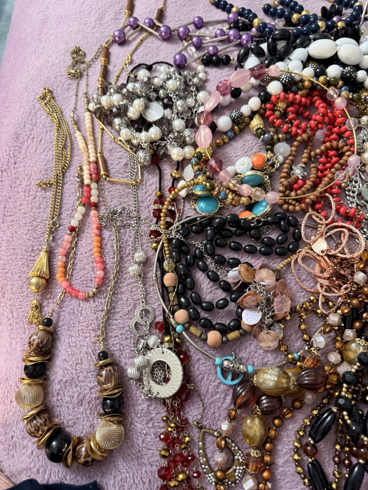 50 Plus Necklaces.All wearable.Stones, Glass, Resin, Plastic,Shell. Lot 1.