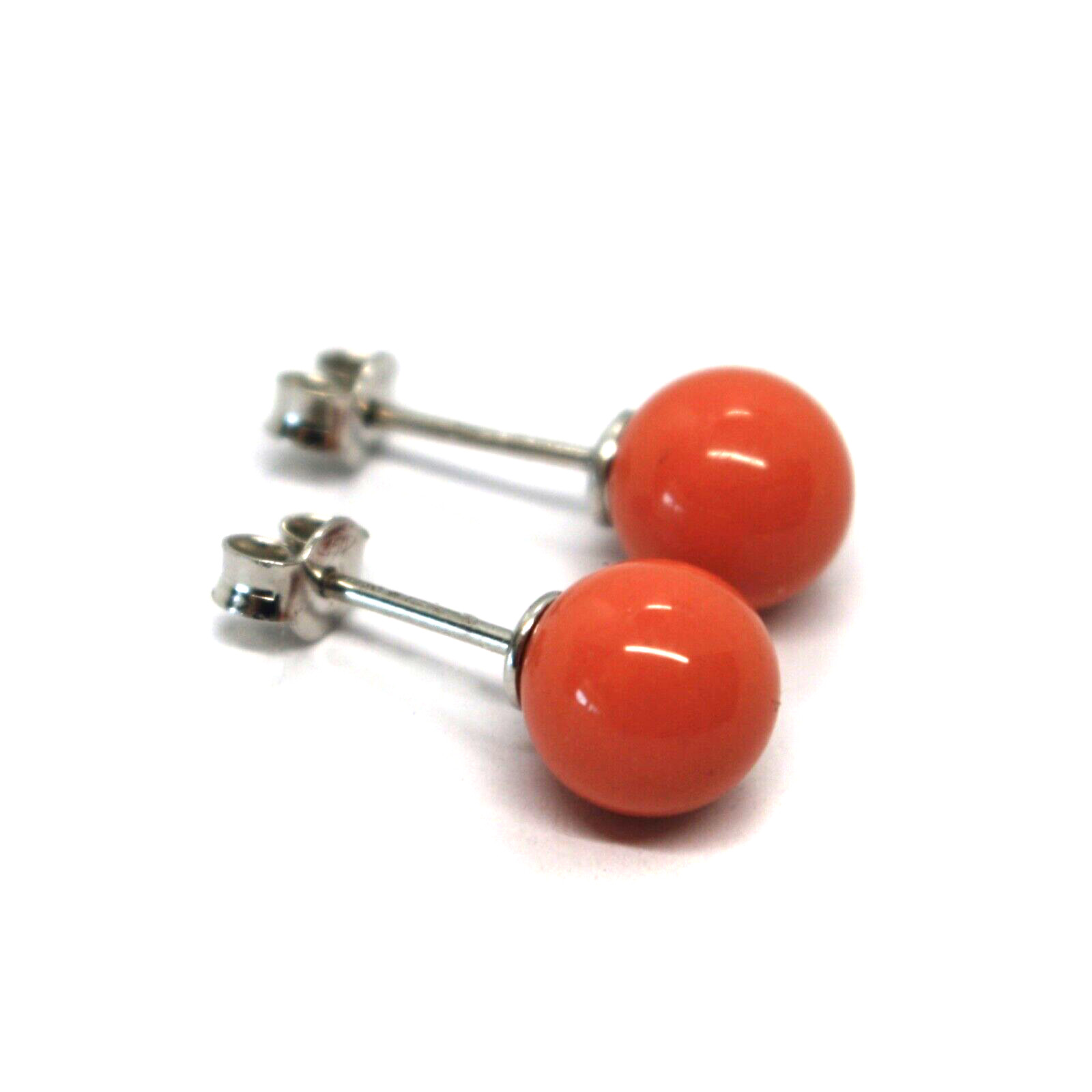 18K WHITE GOLD BALLS SPHERES RED RECONSTRUCTED CORAL BUTTON EARRINGS 8mm, 0.31″