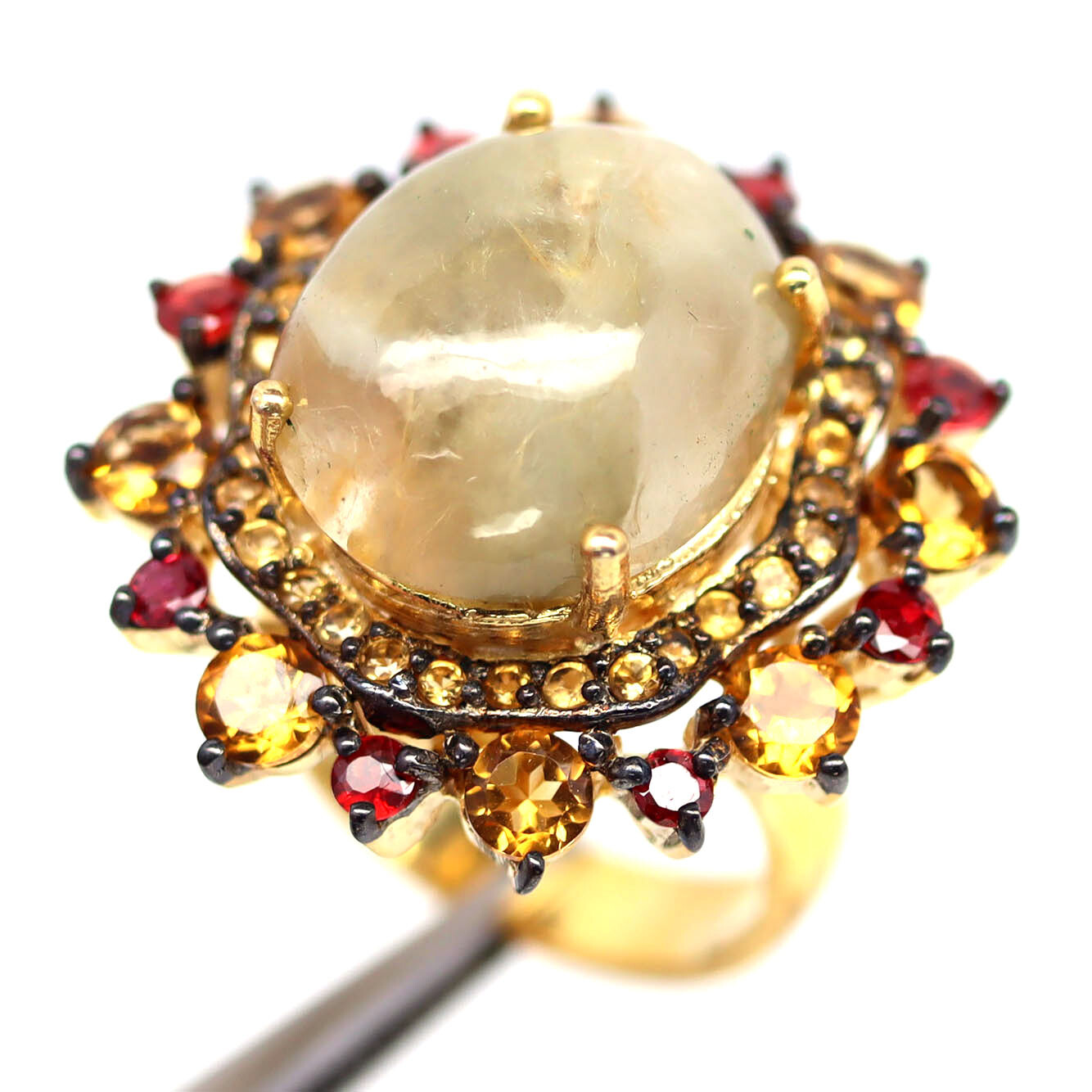 925 Silver 15x16MM. Dendrite Quartz, Citrine, Sapphire Black Friday Jewelry Ring