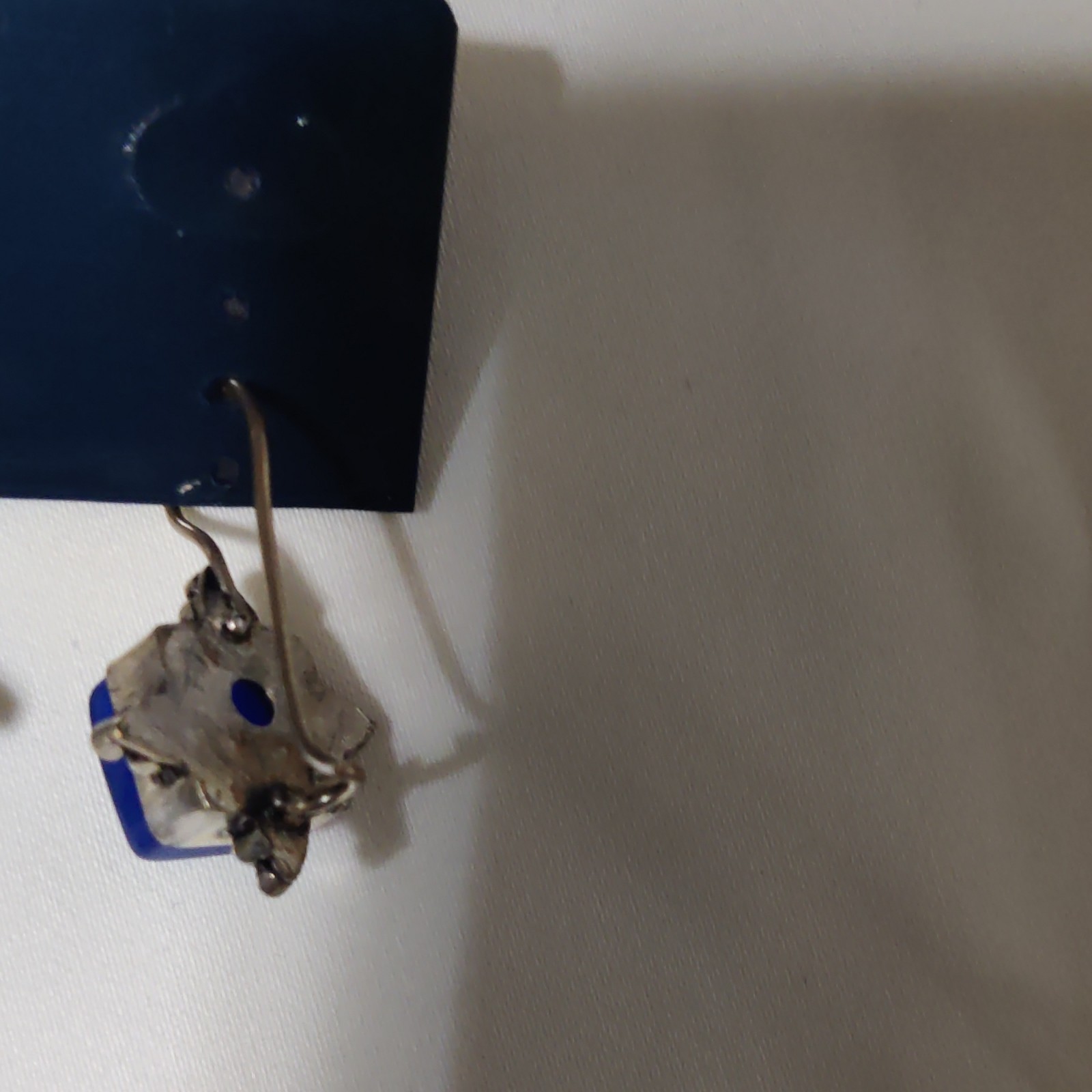Silver Tone Blue Square Dangle Drop Hook Earrings, No Stone Metal Plastic