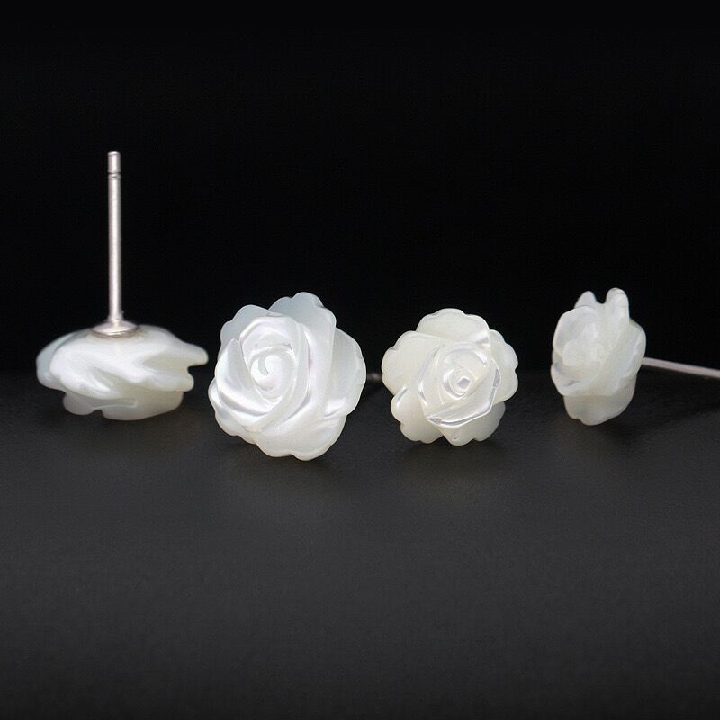 8/10mm Woman 925 Sterling Silver White Mother of Pearl Rose Flower Earring Stud