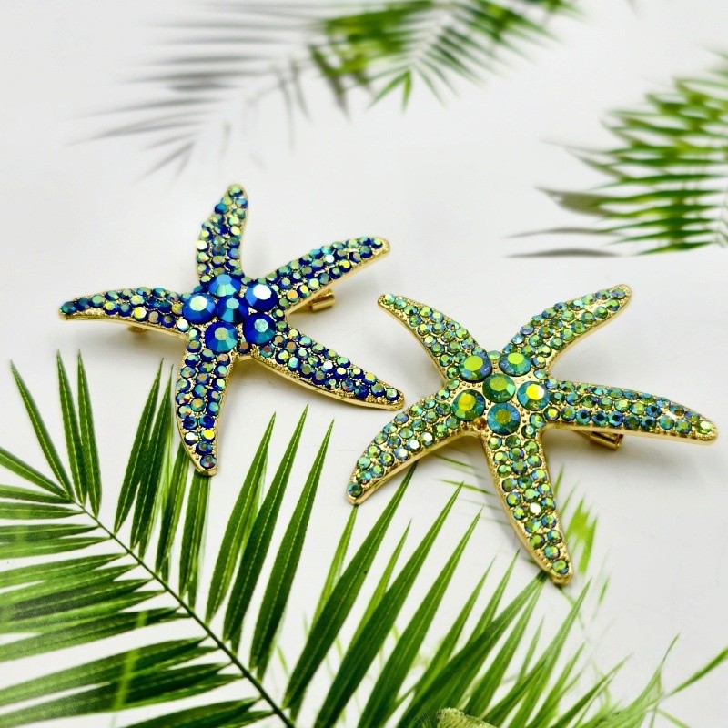 2Pcs Elegant Rhinestone Starfish Brooches Zinc Alloy Beach Theme Party Gift