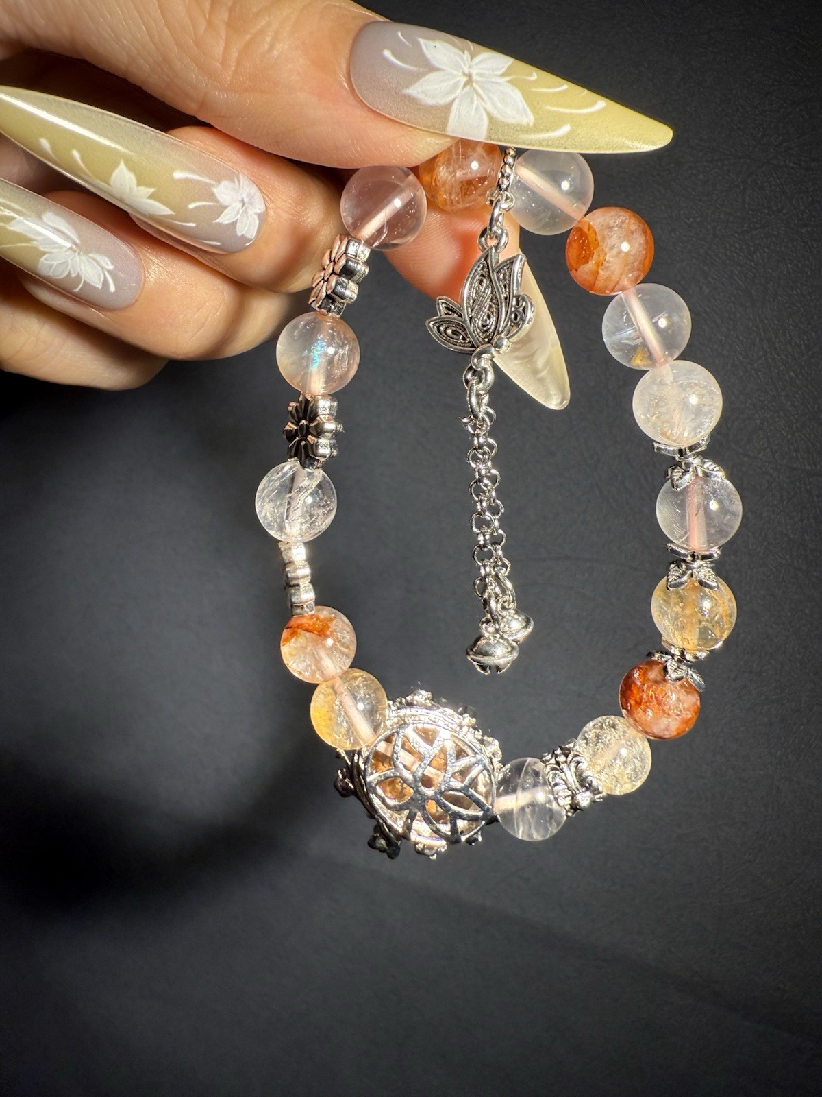 9.2mm High Grade Natural Fire Hematoid Crystal/ Phantom Crystal Charm Bracelet