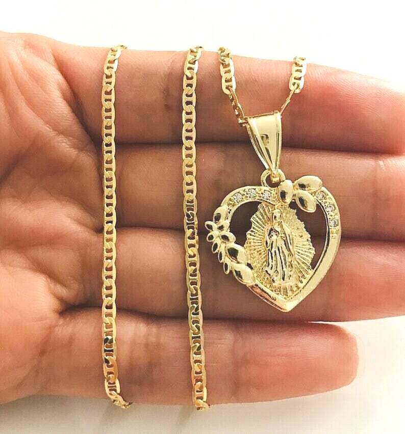 18K GOLD FILLED GUADALUPE HEART NECKLACE 18″ LONG/CADENA GUADALUPE CORAZON – P88