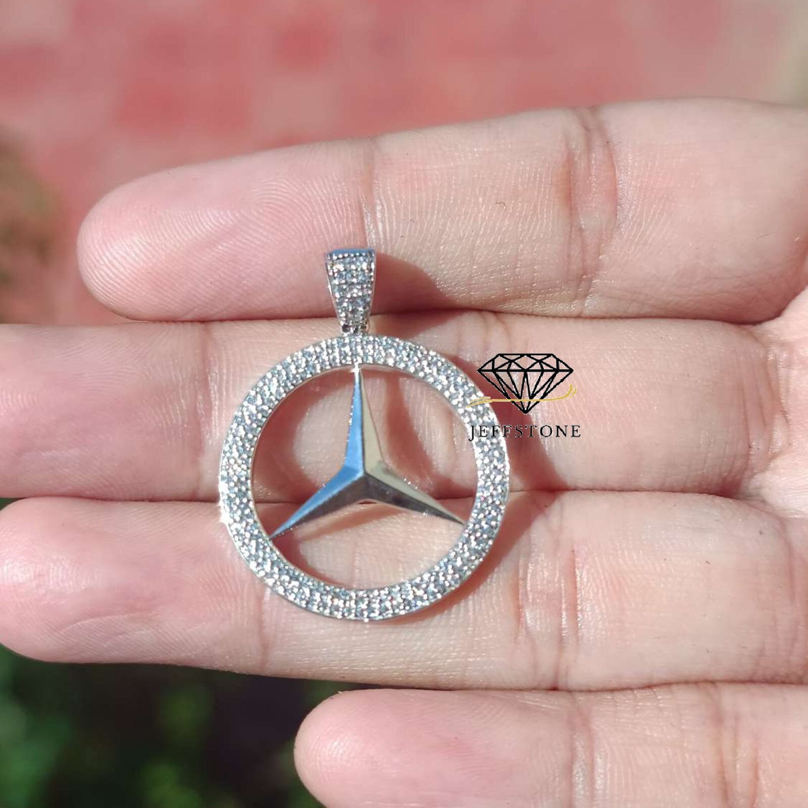 0.60 ctw D/FL Moissanite 14K White Gold Over Mercedes Medallion Pendant 1.2″