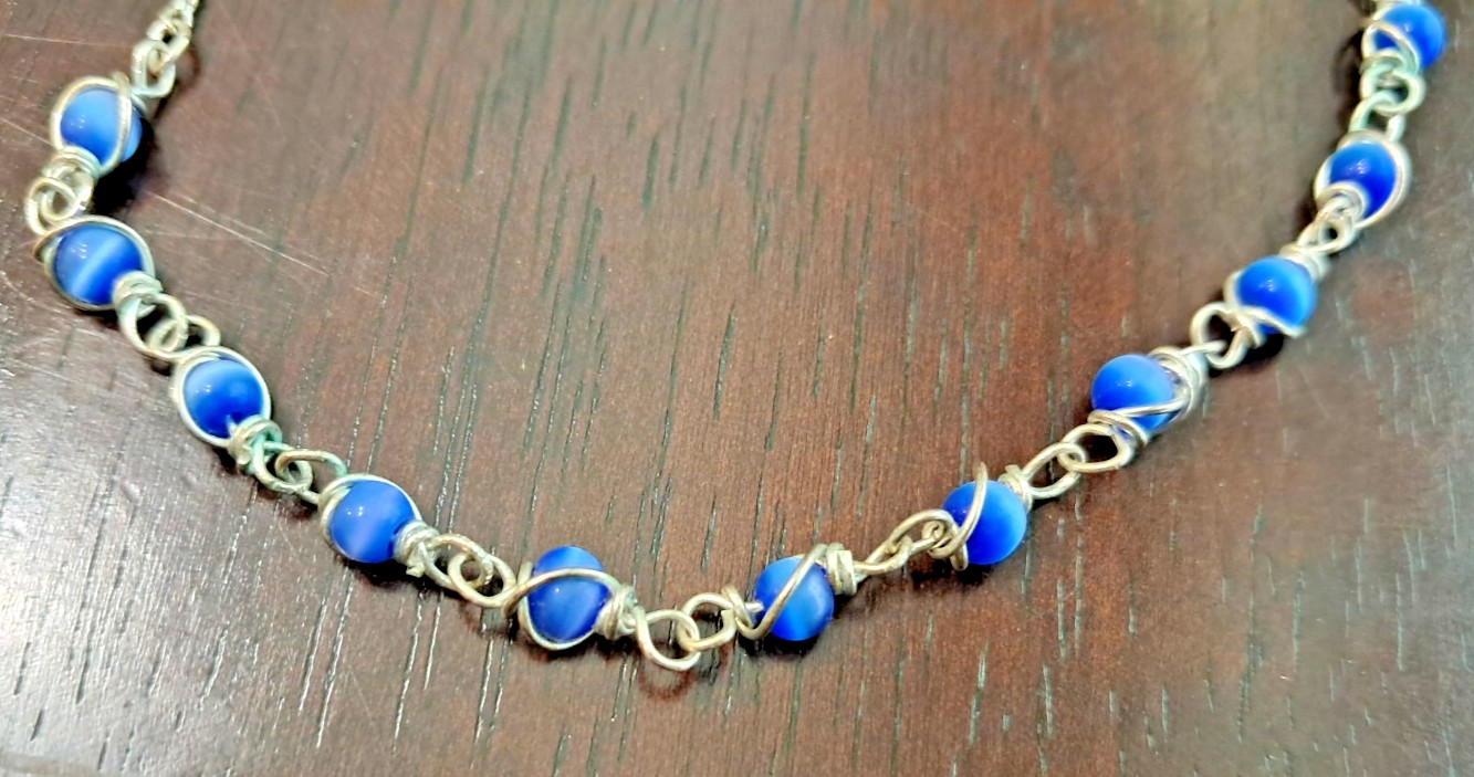 Handcrafted Wire Wrapped Periwinkle Blue Cats Eye Glass Bead Anklet Chain 9.5″