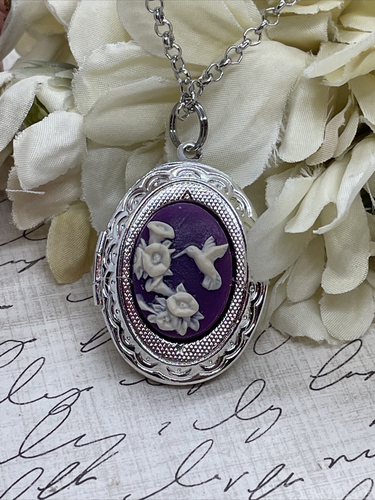 Purple Hummingbird Dainty Cameo Locket Silver Gift Wedding Party Jewelry Heart