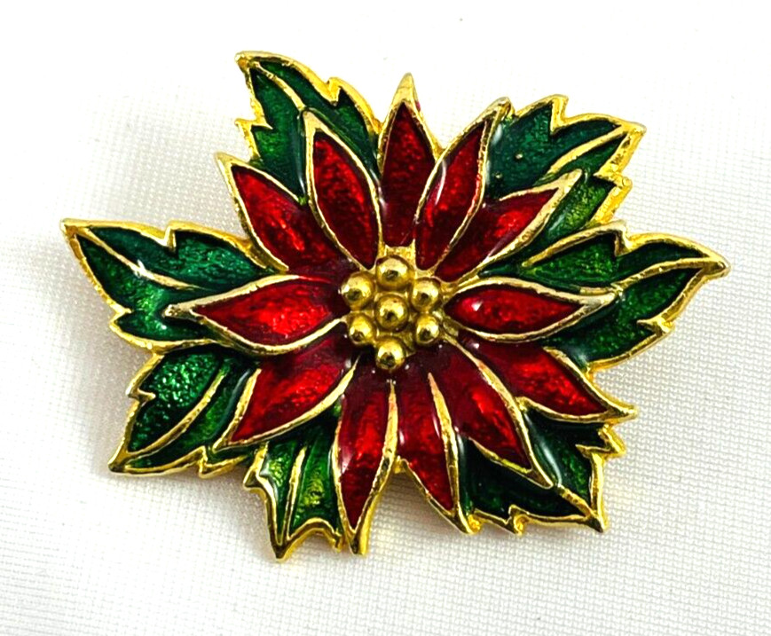 SFJ Poinsettia Flower Brooch Pin Red Green Enamel Gold Tone Holiday