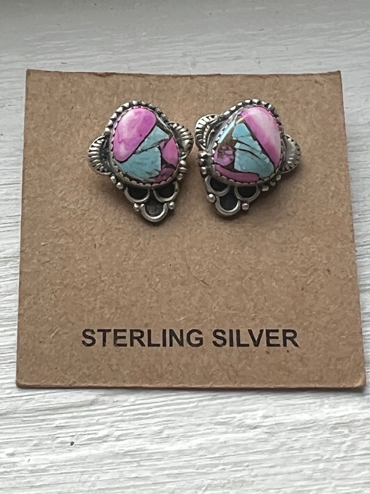 Sterling Silver Cotton Candy Turquoise & Pink Spiny Oyster Stud Earrings 925
