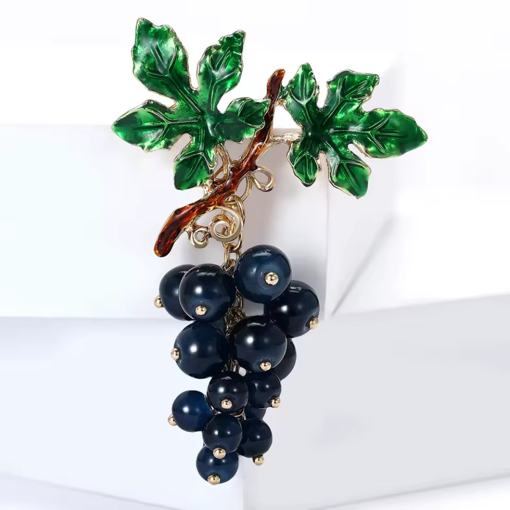 Vintage Blue Enamel Alloy Grape Brooch Gold Leaf Fruit Pin Summer Jewelry Gift