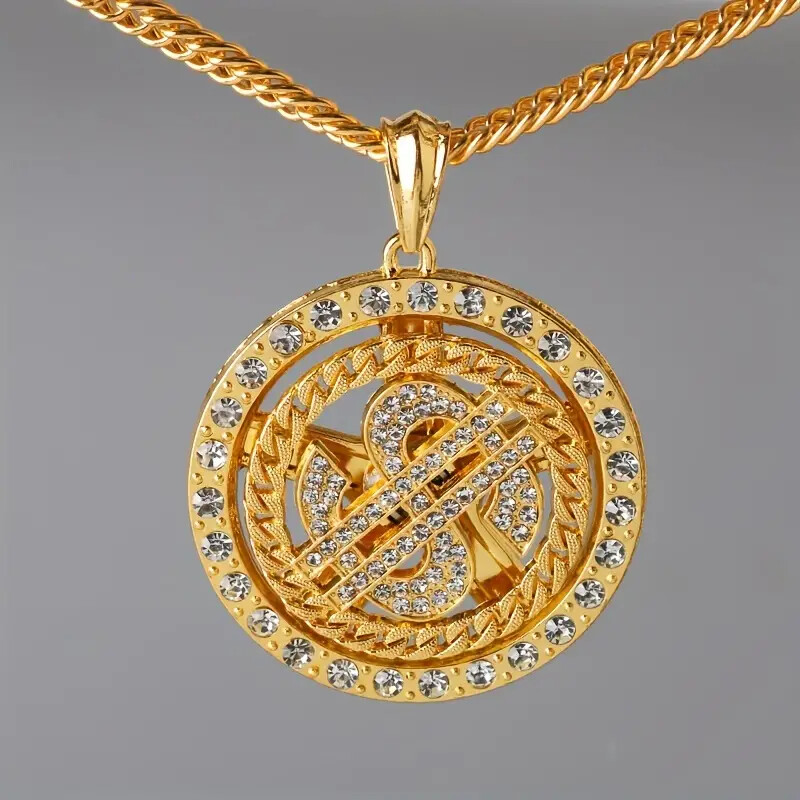 $ Dollar Spinner Cubic Zirconia Iced Medal Pendant 24 Cuban Chain Chain Necklace