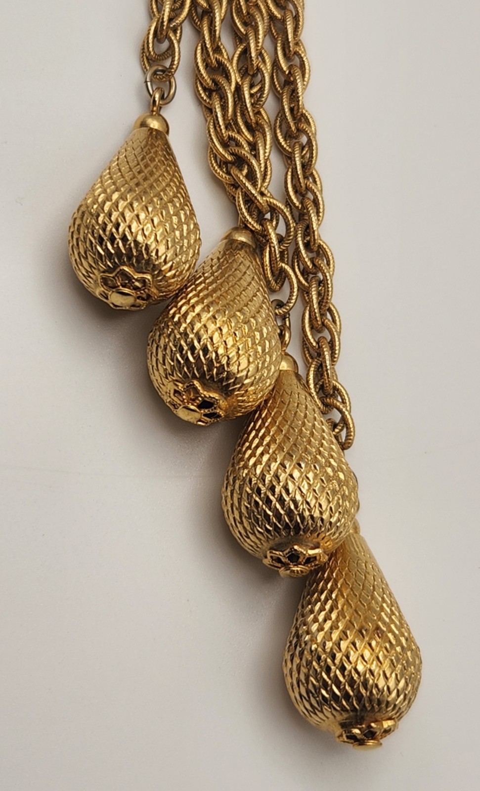 Vintage Gold Tone Lariat Necklace Adjustable Slider Bead Tassel Drop Statement