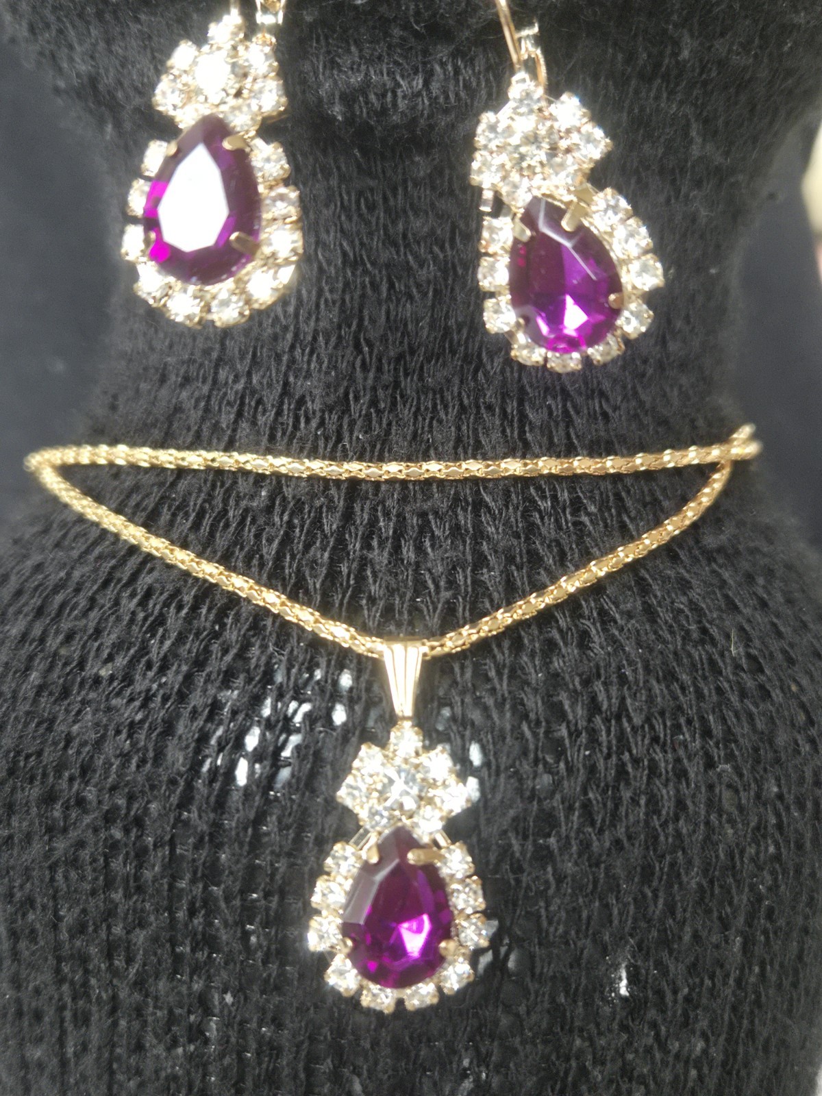 24 Inch Long Gold Tone Purple Pendant Sets Include Necklace Earrings and Ring.