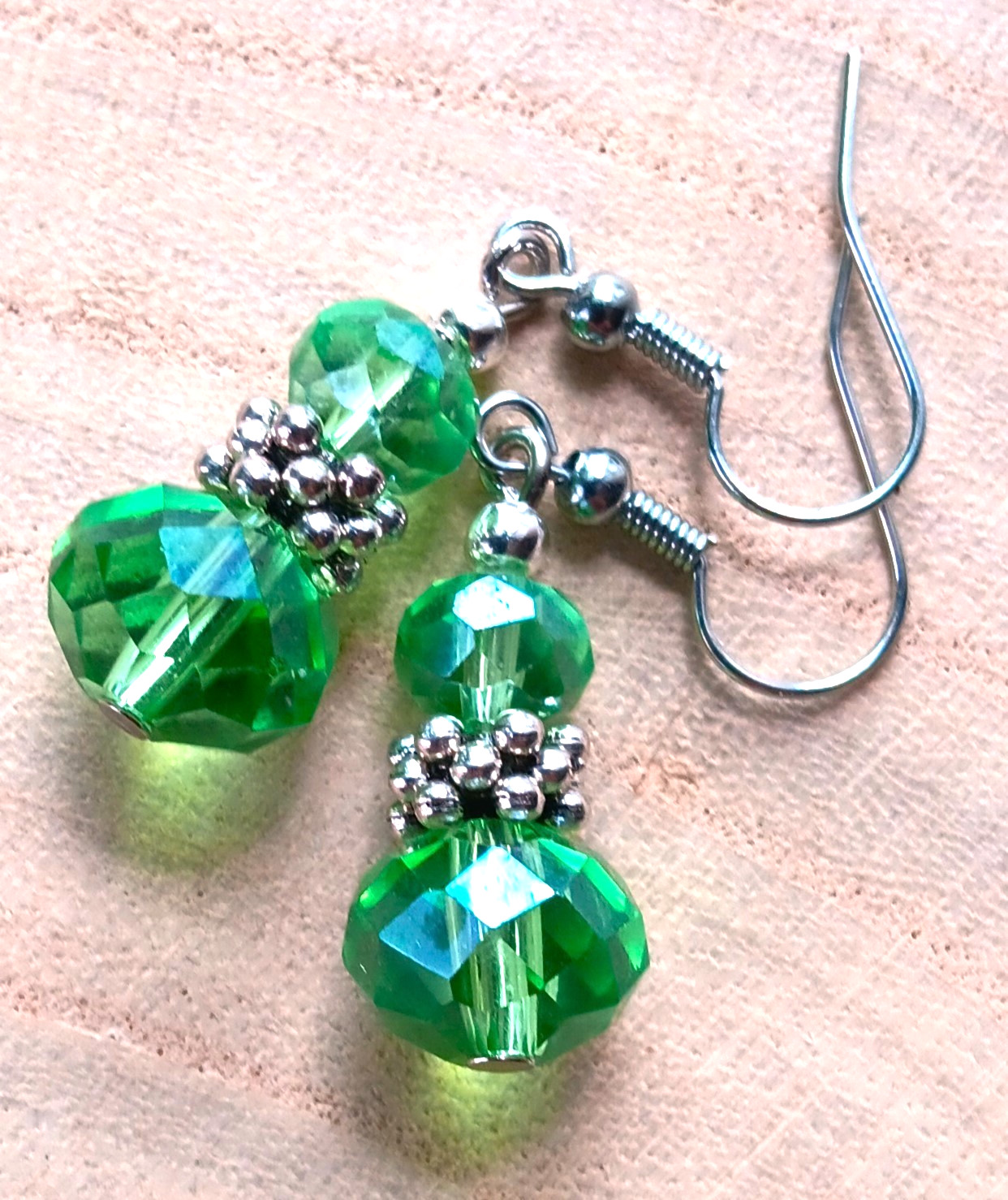 GREEN double Faceted CRYSTAL earring SP FISH HOOK handcrafted #250