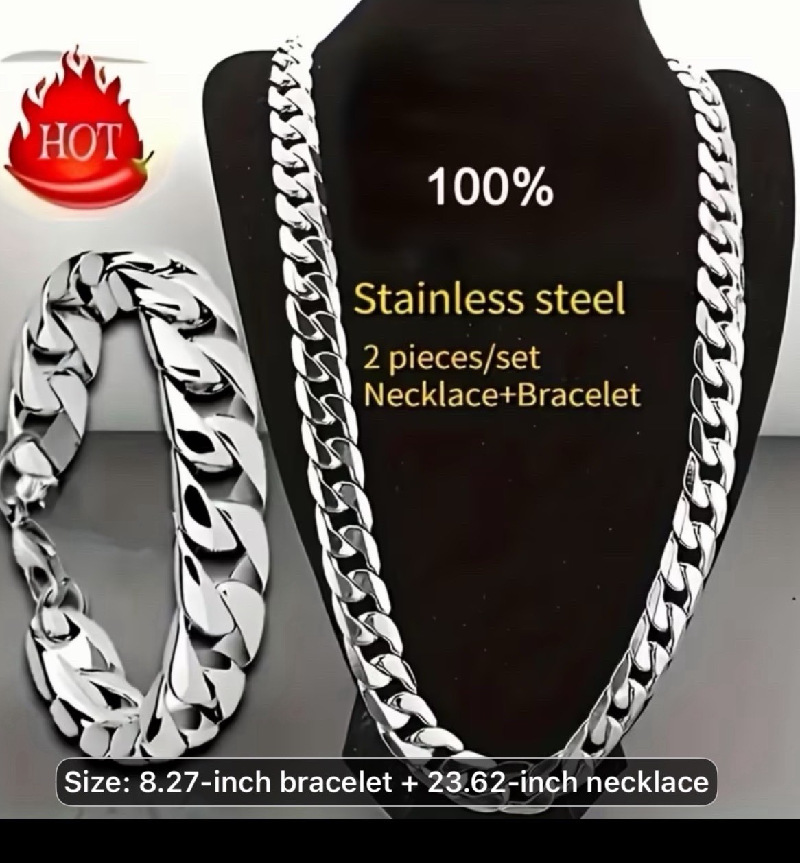 Stainless Steel Silver Cuban Link Necklace 23.62in & Bracelet 8.27in Set