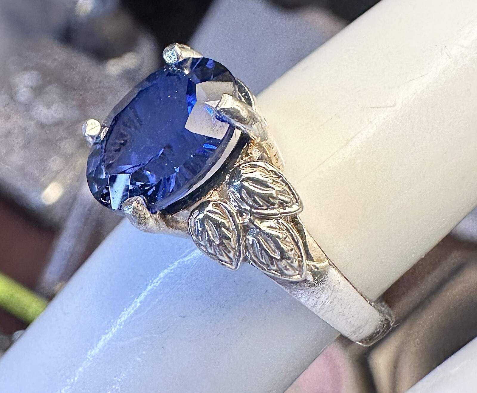 Lovely Deep Blue Lab Created Sapphire 925 Sterling Silver Leaf Detail Ring Sz 6