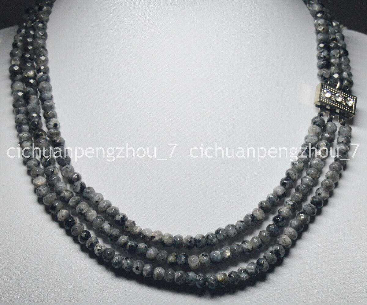 Natural 3 Rows 4x6mm Faceted Black Labradorite Rondelle Beads Necklace 17-19”