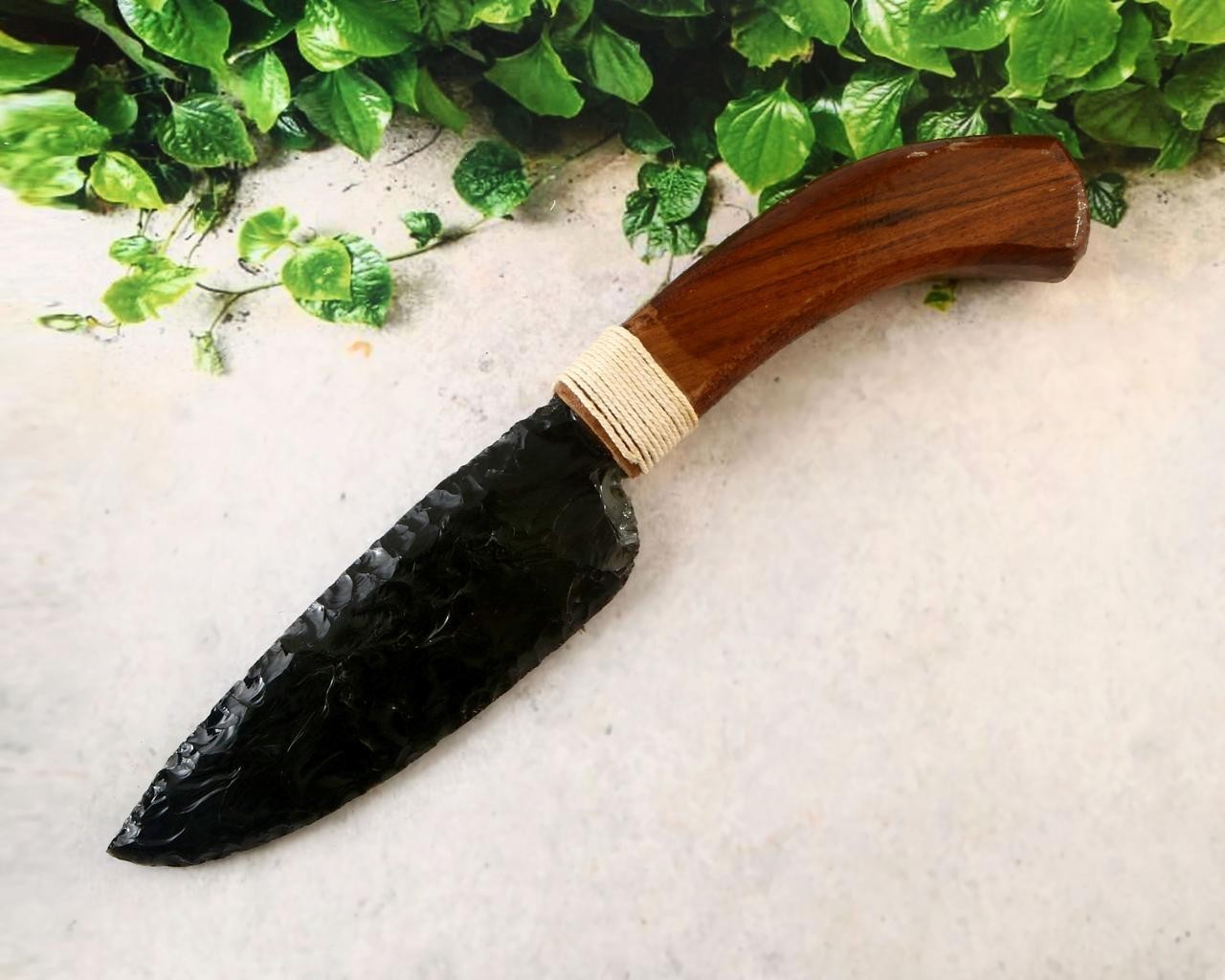 10″ Black Obsidian Glass Knife – Handmade Crystal Blade with Wooden Handle