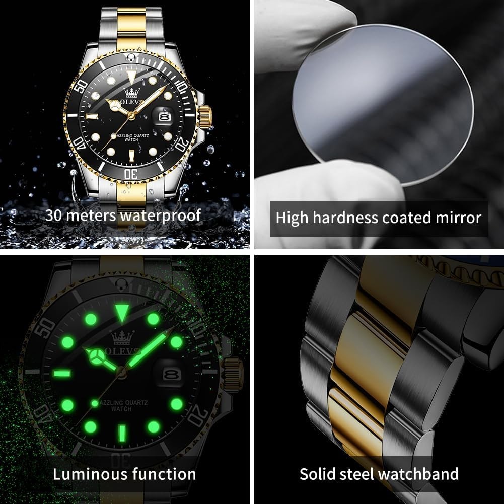 Stainless Steel Two-Tone Men’s Watch – Big Face with Date, Waterproof & Luminous