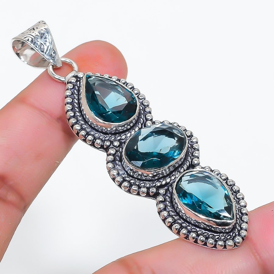 London Blue Topaz Gemstone 925 Sterling Silver Jewelry Pendant Size 2.7″