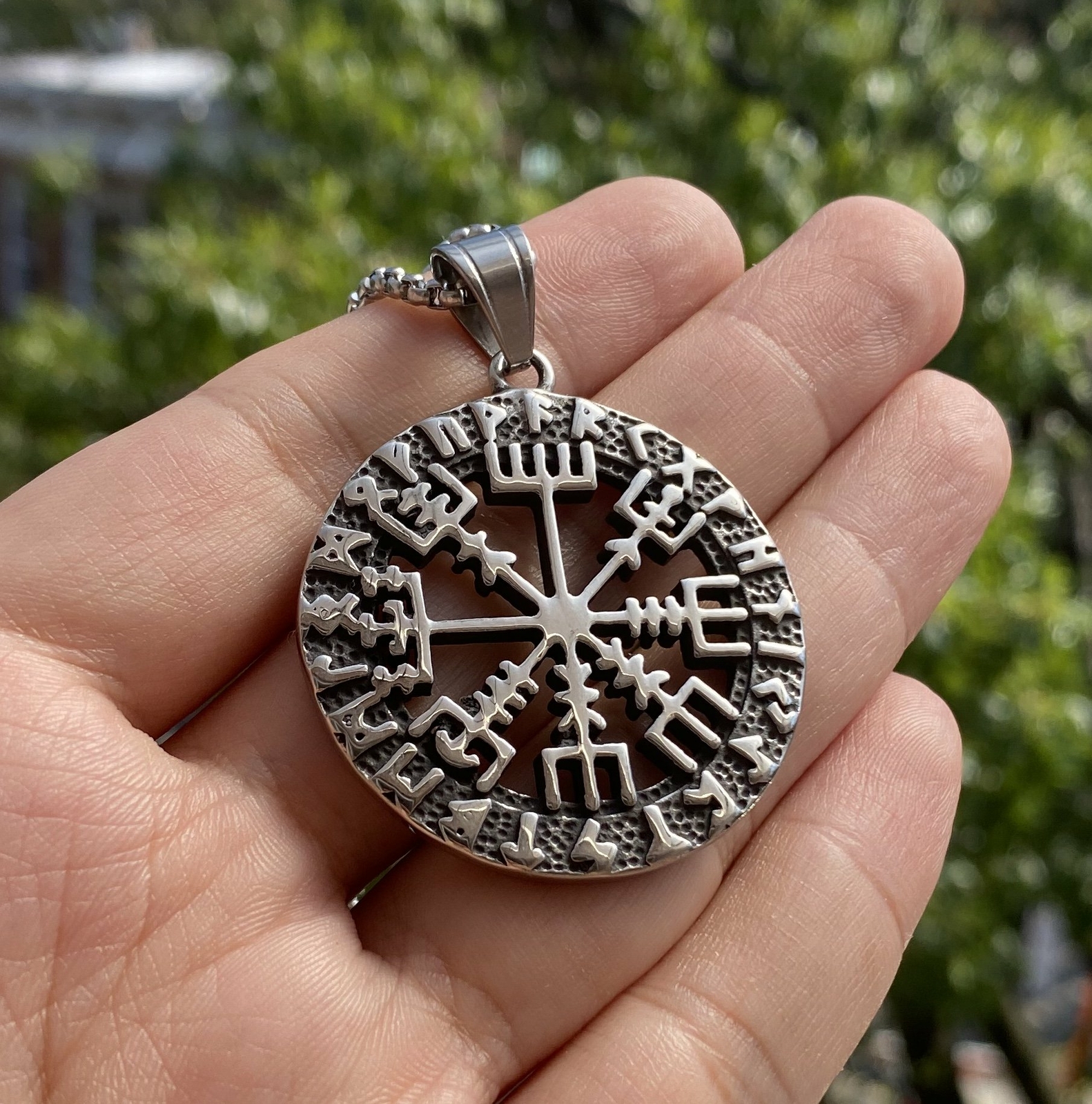MENDEL Mens Norse Viking Rune Vegvisir Compass Pendant Necklace Stainless Steel