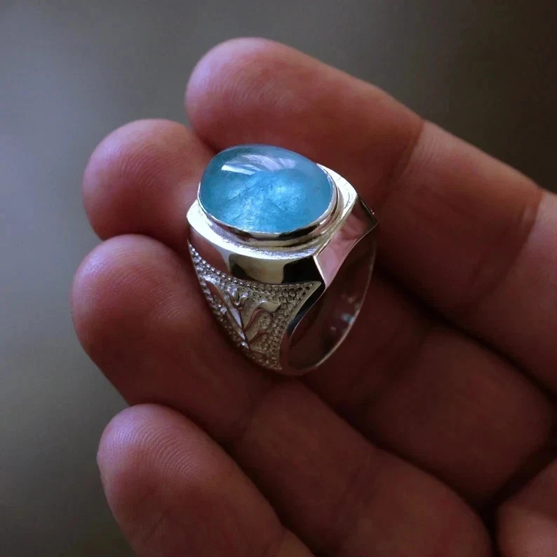 Natural Aquamarine Ring for Men Solid 925 Sterling Silver Handmade Jewelry