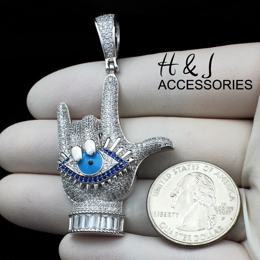 925 STERLING SILVER ICY BLING CZ 3D ROCK N’ ROLL HAND EVIL EYE PENDANT*SP358