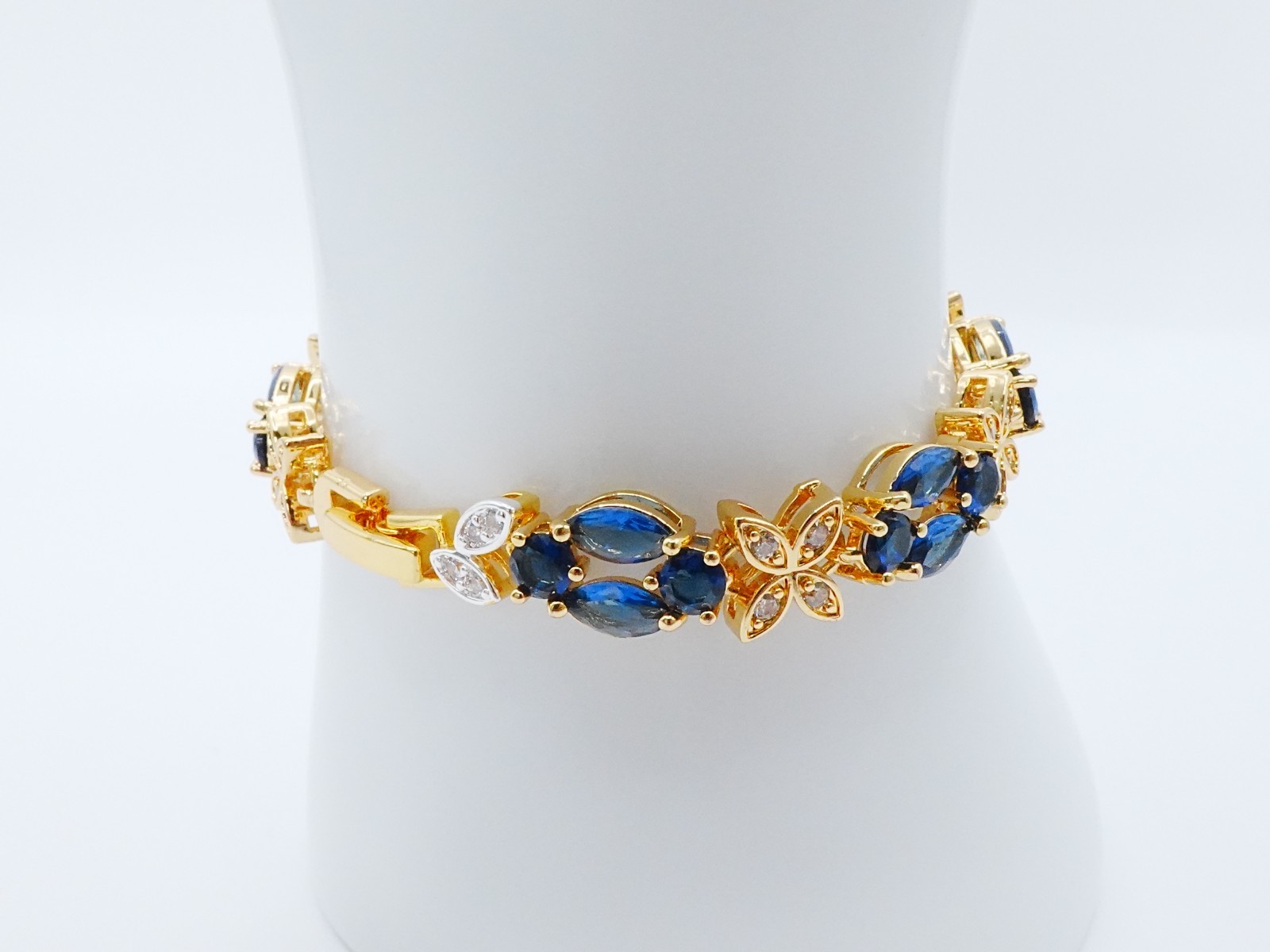 Bracelet Blue Gemstone & Cz Diamond 24K Yellow Gold Plated 7″ Women Jewelry