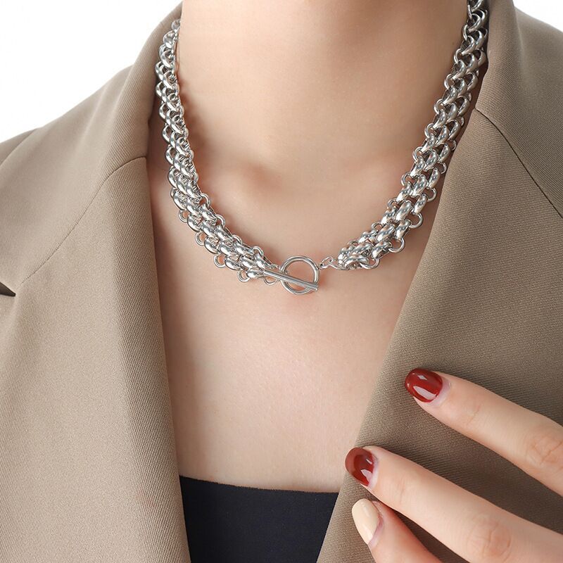 Woman 18k Gold Plated Stainless Steel Wide Thick Link Chain Toggle Bracelet
