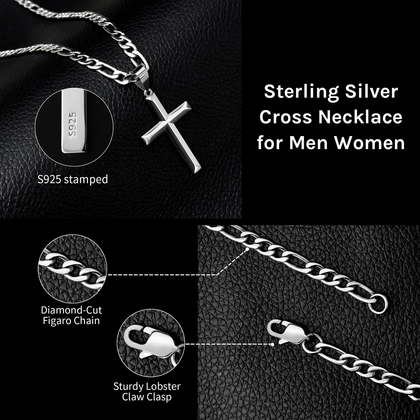 Rasetil 925 Sterling Silver Cross Necklace for Men Women 51 cm=20 in, silver