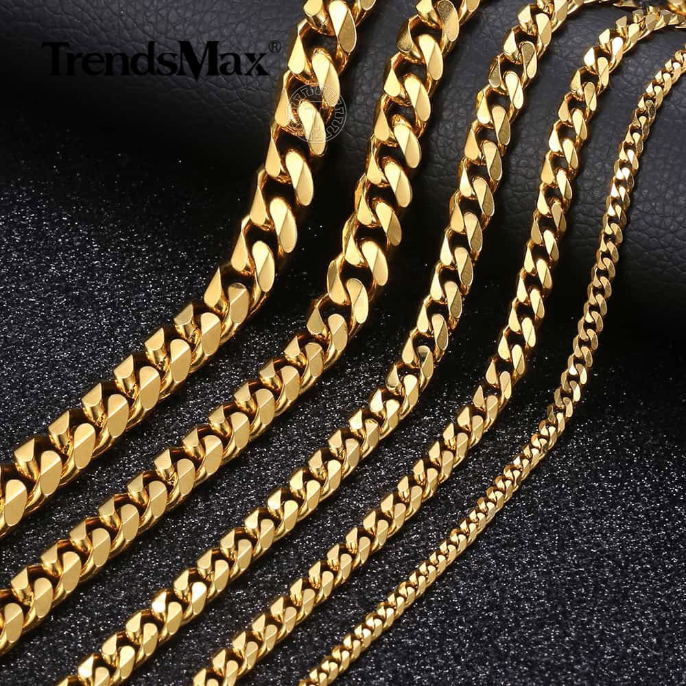 3/5/7/9/11mm Gold Plated Stainless Steel Cuban Chain Necklace Bracelet Men Women