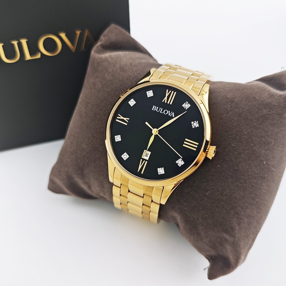 Bulova 97D108 Classic Diamond Black Dial Gold Bracelet Men’s 40mm Quartz Watch
