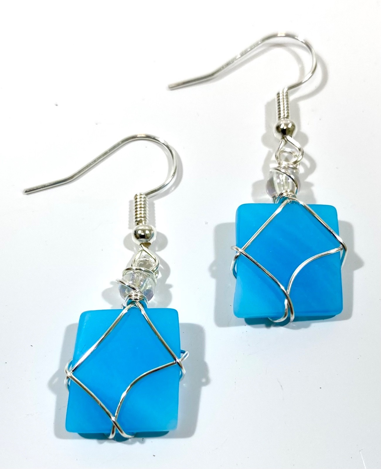Dangle Earrings Square Sky Blue Opaque Sea Glass Straight Silver Wire Clear Bead