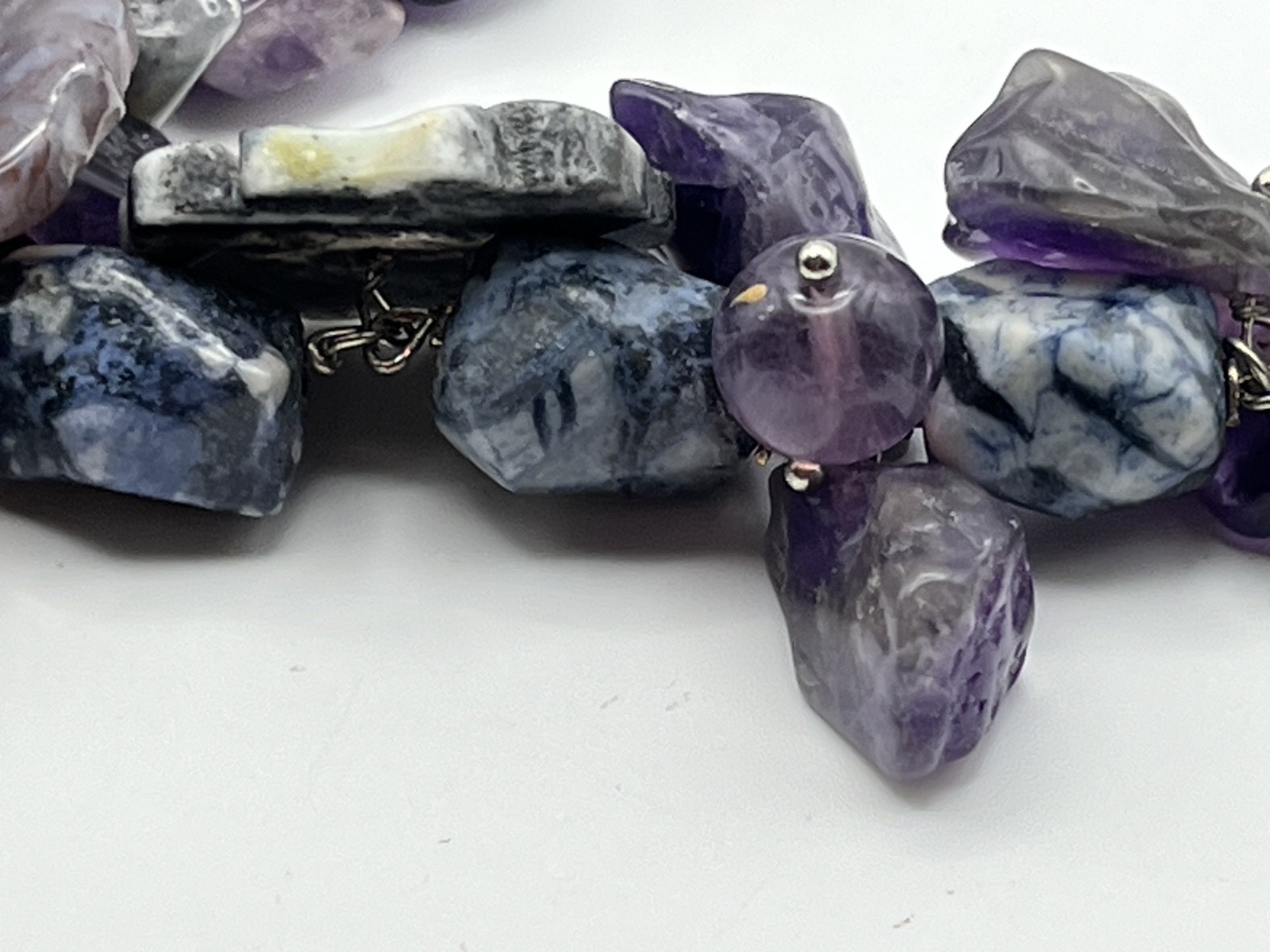 Amethyst Sodalite Purple Blue Flowers Beaded Bracelet Charm Wide Adjustable