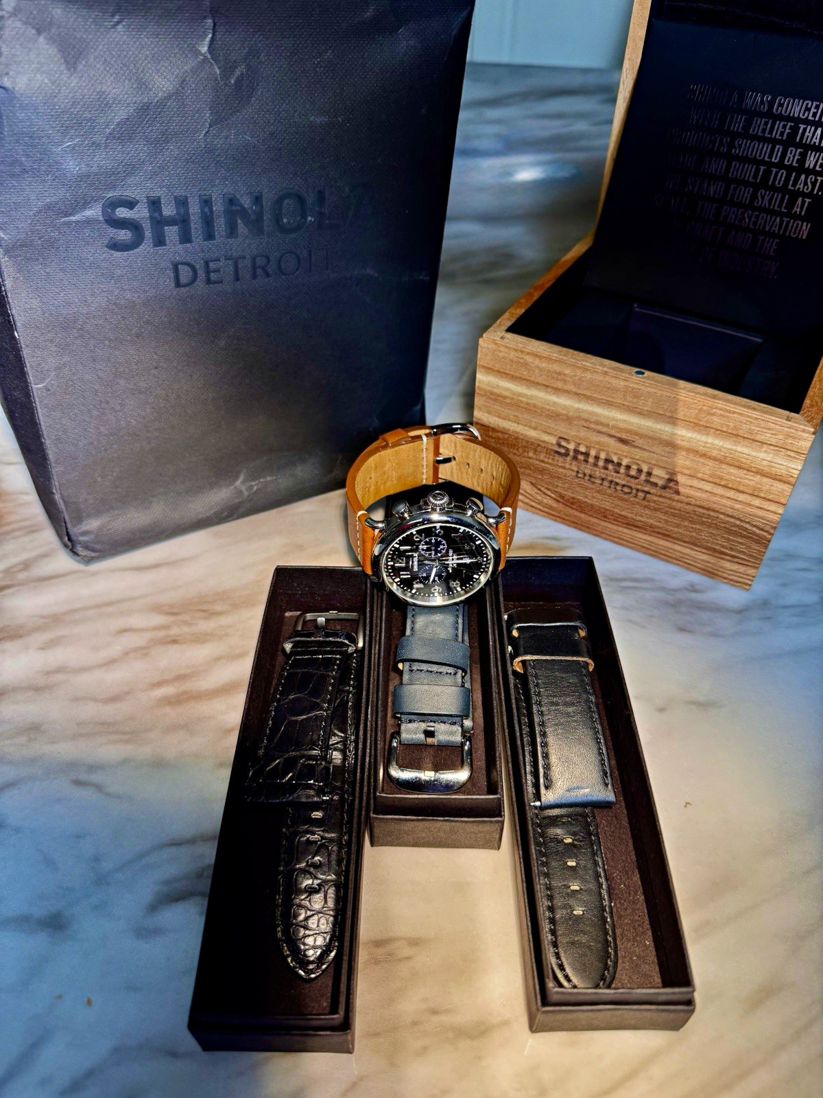 Shinola Runwell Chronograph 47mm Black Dial Quartz SS Watch w/Box Straps