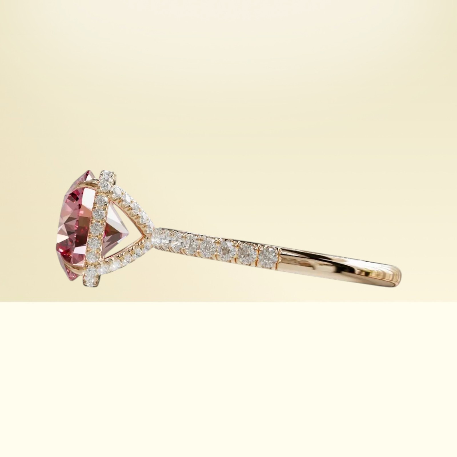 18k Yellow Gold Fancy Vivid Pink 3.00 Ct IGI Lab Created Round Cut Diamond Ring