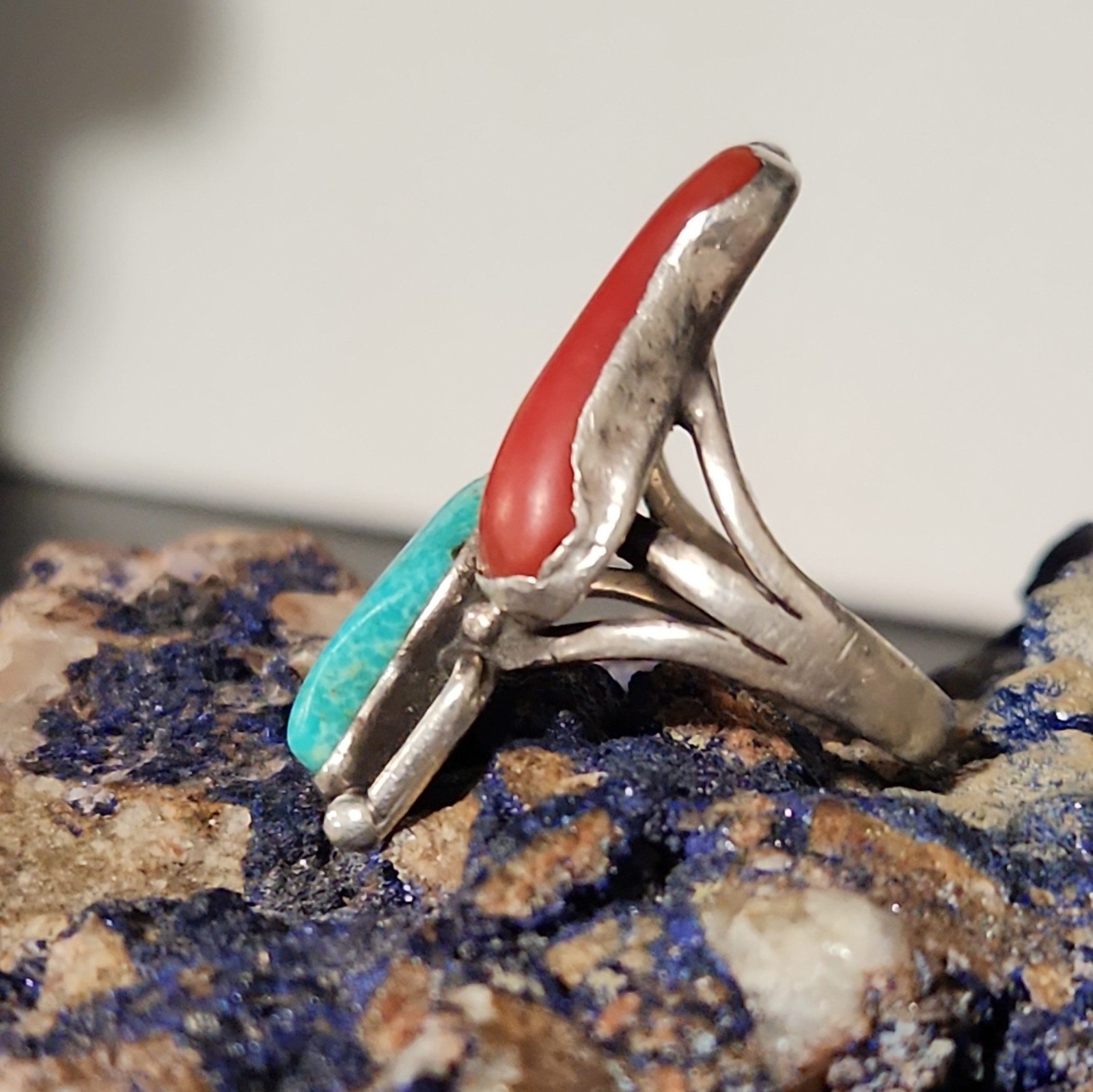 David Taliman Lone Mountain Turquoise Red Coral SS .925 S7-7.5 Azurite Specimen