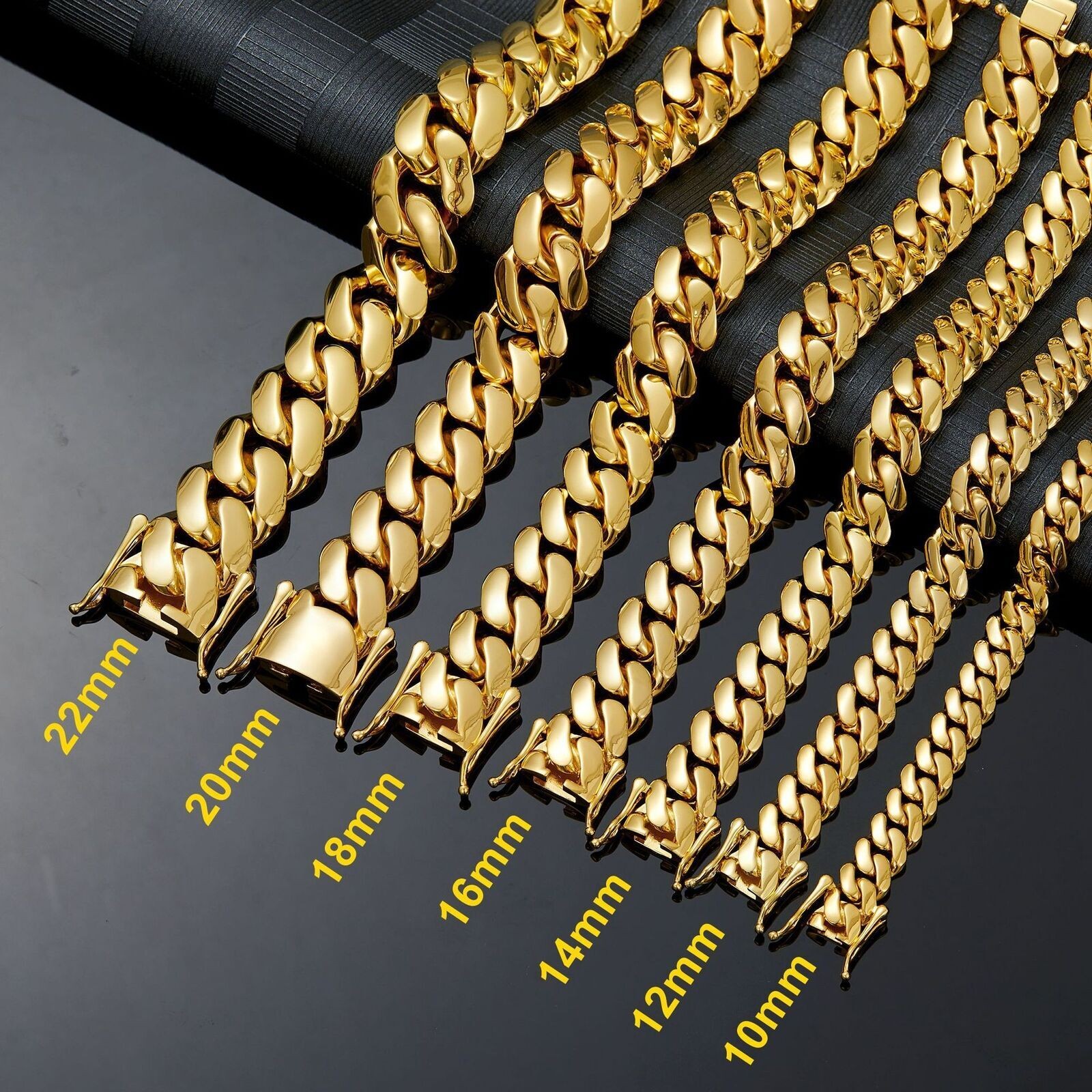 Miami Cuban Link Chain Necklace Bracelet 14k Gold Plated Stainless Steel 10-22mm