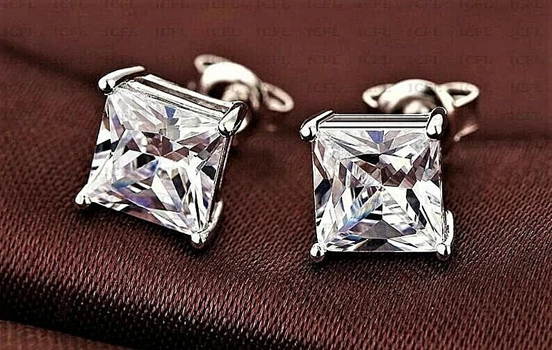 4 Ct Princess Cut VVS1/D Lab Created Stud Earrings 14k White Gold 7mm Push Back