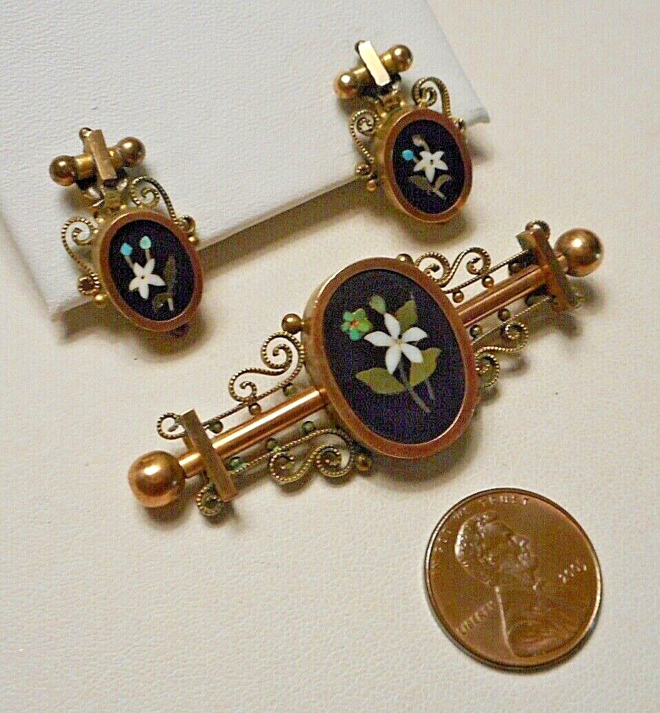 Antique Victorian Gold-Filled Italian Floral Micro Mosaic Brooch & Earrings Set