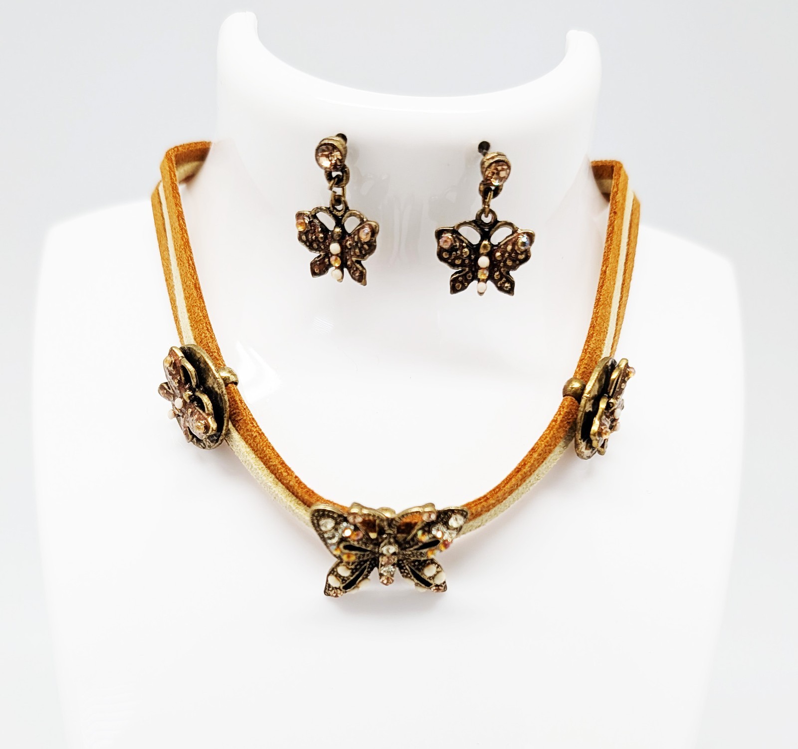 DESIGNER INSPIRED BROWN TAN CRYSTAL BUTTERFLY SLIDER CHARM CHOKER JEWELRY SET