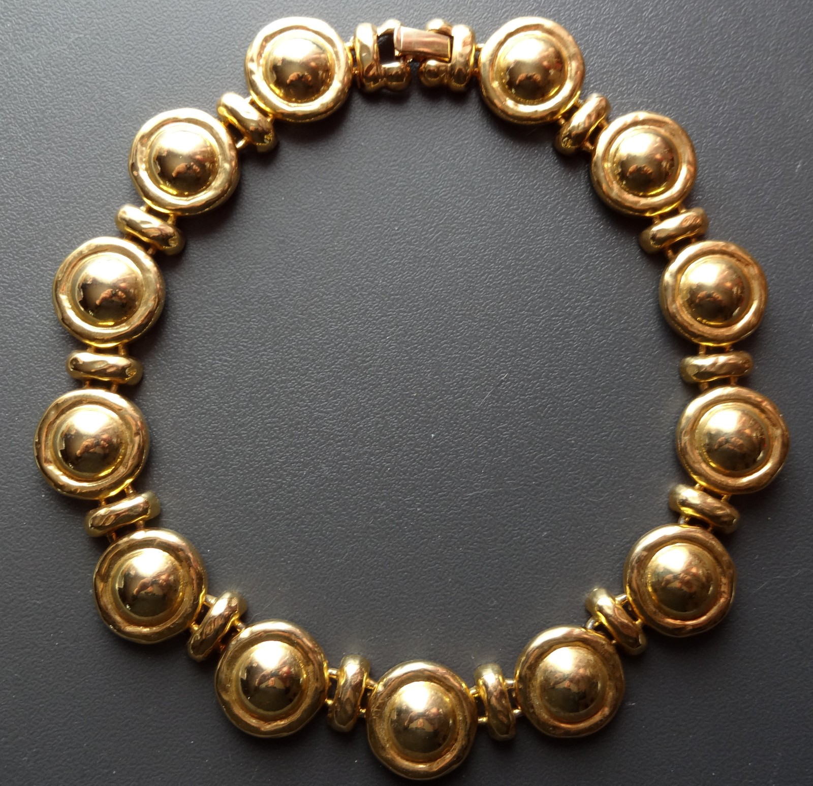 Vtg 70-80s Designer Brite Gold Tone Heavy Wide Button/Coins Choker Necklace RARE