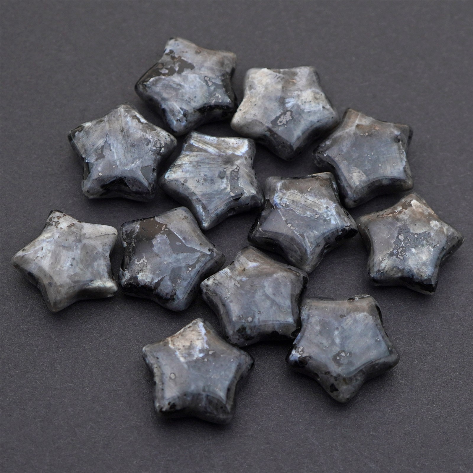12 flat Norwegian moonstone star beads grey black larvikite stone avg 15mm